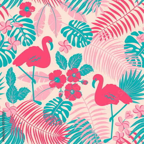 Tropic seamless pattern with flamingo, palms and flowers