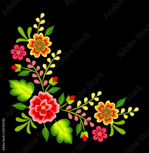 Mexican colorful bright floral corner decoration on black background