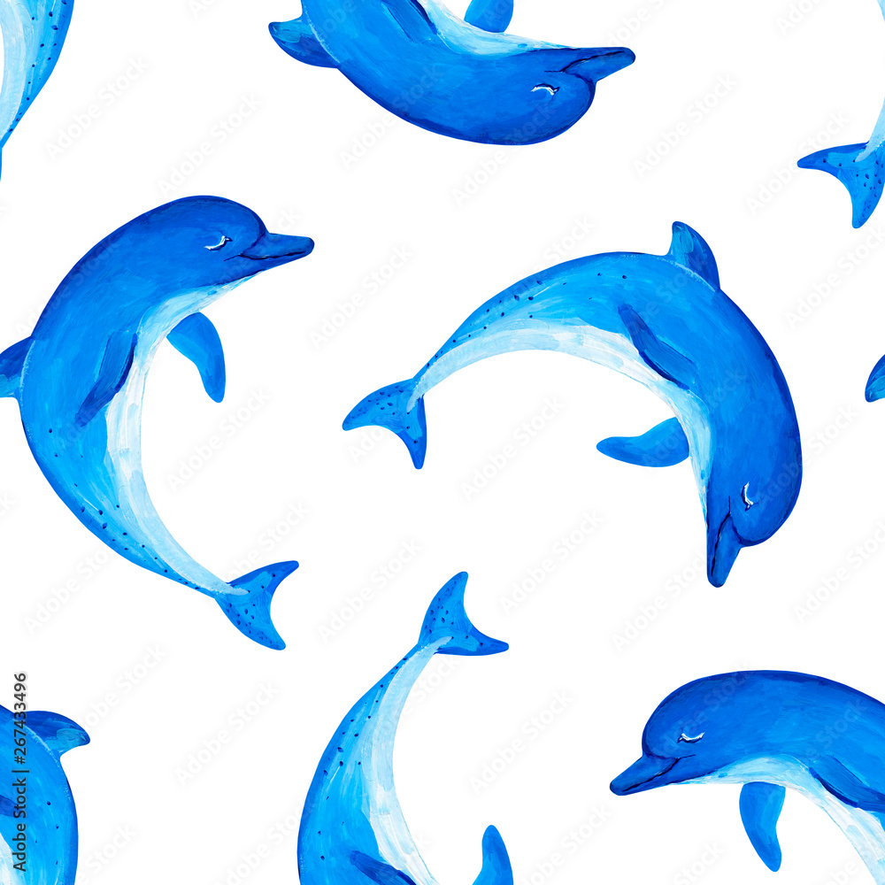Obraz premium Gouache seamless blue dolphin. Hand-drawn clipart for art work and create design.