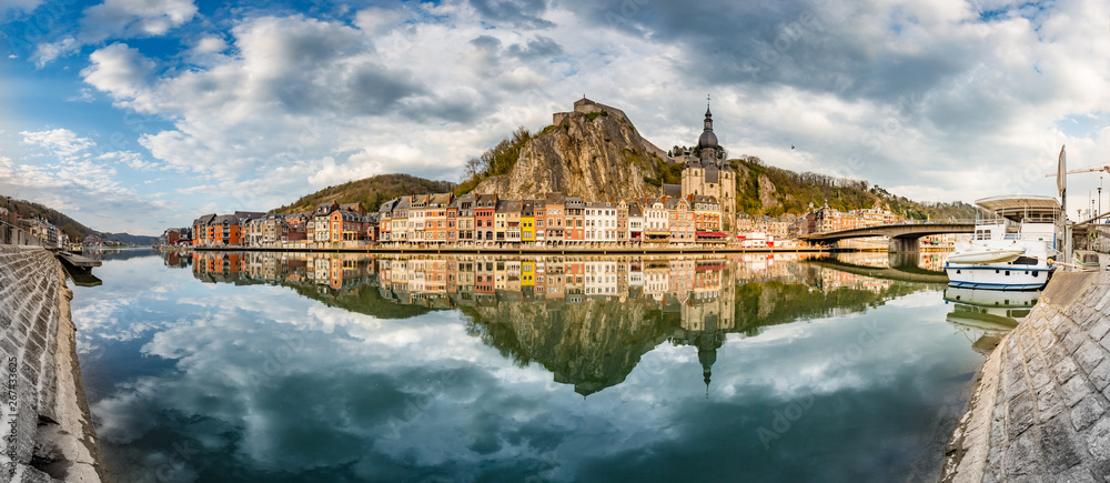 Historic town of Dinant with river Meuse at sunset, Wallonia, Belgium