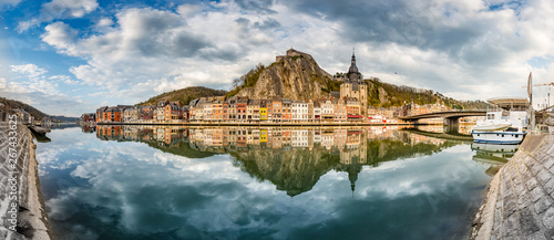 Obraz na płótnie Historic town of Dinant with river Meuse at sunset, Wallonia, Belgium w salonie