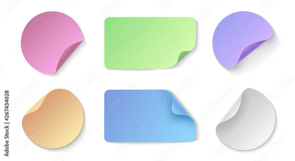 Realistic paper stickers. Round and rectangular colored price tags, memo stickers design template bent closeup. Vector labels with folded corners