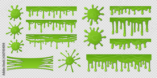 Green slime. Dirty goo splat, realistic paint blob splash isolated design template, toxic dripping slimy mucus. Vector green spots and drops