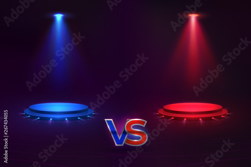 Versus concept. Glowing pedestal hologram, game match VS background, MMA competition contest. Vector versus championship template