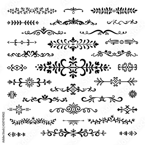 Hand drawn dividers. Text lines vintage book separator ornamental border decoration scribble dividing line design elements sketch doodle break vector set