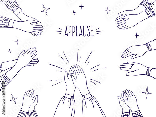 Doodle applause. Happy people drawn hands, high five illustration, sketch draw of clapping hands. Vector agreement and success concept on white