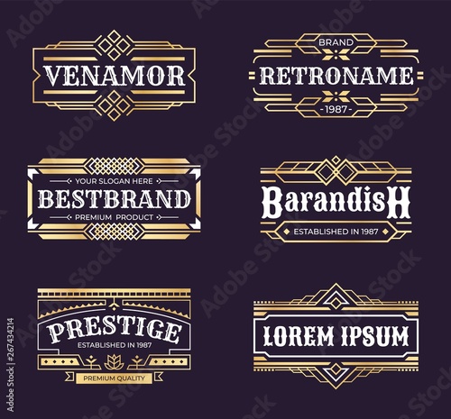 Art deco logos. Geometric hipster ornament frame, vintage line minimal antique border, luxury emblem in retro style. Vector banners engraved badges