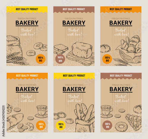 Bakery hand drawn posters. Vintage bread menu design template, sweet cookies and pies doodle sketch. Vector organic wheat flour tasty bakery traditional packaging