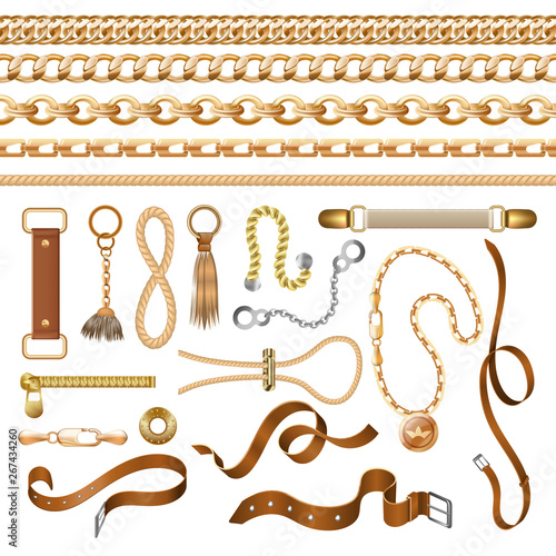 Chain and belt elements. Golden braid leather strap and furniture, fashion ornamental elements. Vector vintage elegant baroque bracelets and buckles