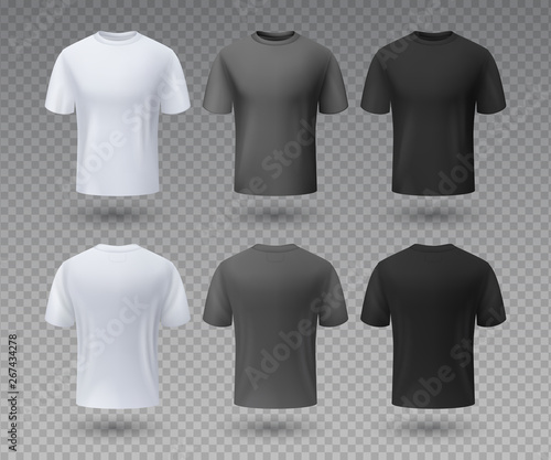 Realistic male t-shirt. White and black mockup, front and back view 3D isolated design template. Vector sport wear and blank uniform labels