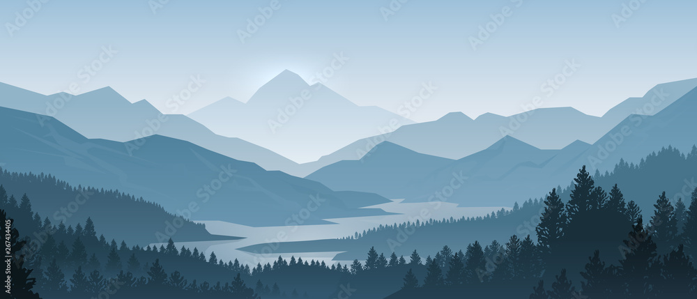 Plakat Realistyczny krajobraz gór. Rano panorama drewna, sosny i góry sylwetki. Wektorowy lasowy wycieczkuje tło