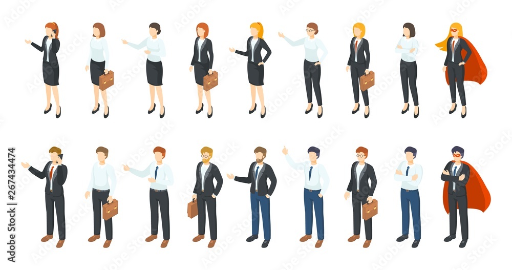 Isometric businessmen. Office employee 3D characters, different men and women standing sitting and communicating. Vector professional workers illustration set