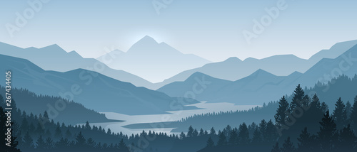 Realistic mountains landscape. Morning wood panorama, pine trees and mountains silhouettes. Vector forest hiking background photo