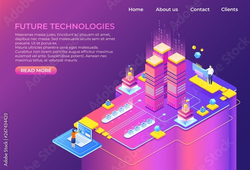 Isometric technology concept. Business 3D background, modern infographic design, futuristic web page. Vector isometric landing page system computer
