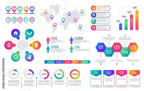 Infographic chart. Timeline graph elements with flow diagrams and percent line bars, business process graph. Vector presentation flowchart set