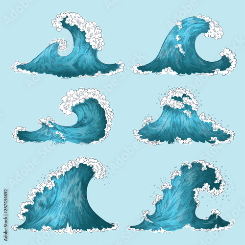Hand drawn sea wave. Sketch ocean storm waves, marine water splash isolated design elements. Vector cartoon engraved wave set photo
