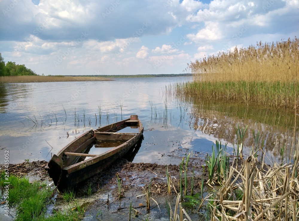 an old Fisherman's boat on the shore in reeds in a small lake