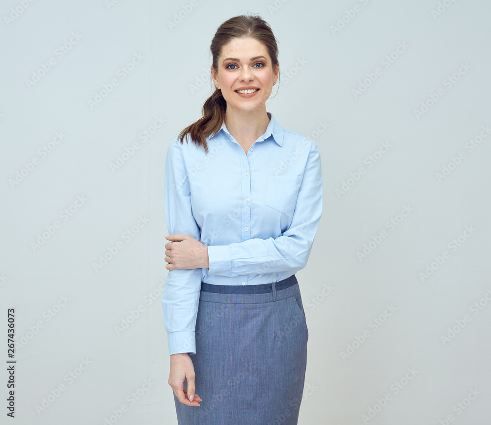 smiling businesswoman in blue shirt smiling businesswoman in blue shirt