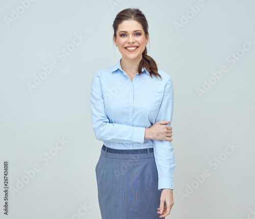 business woman wearing blue shirt.