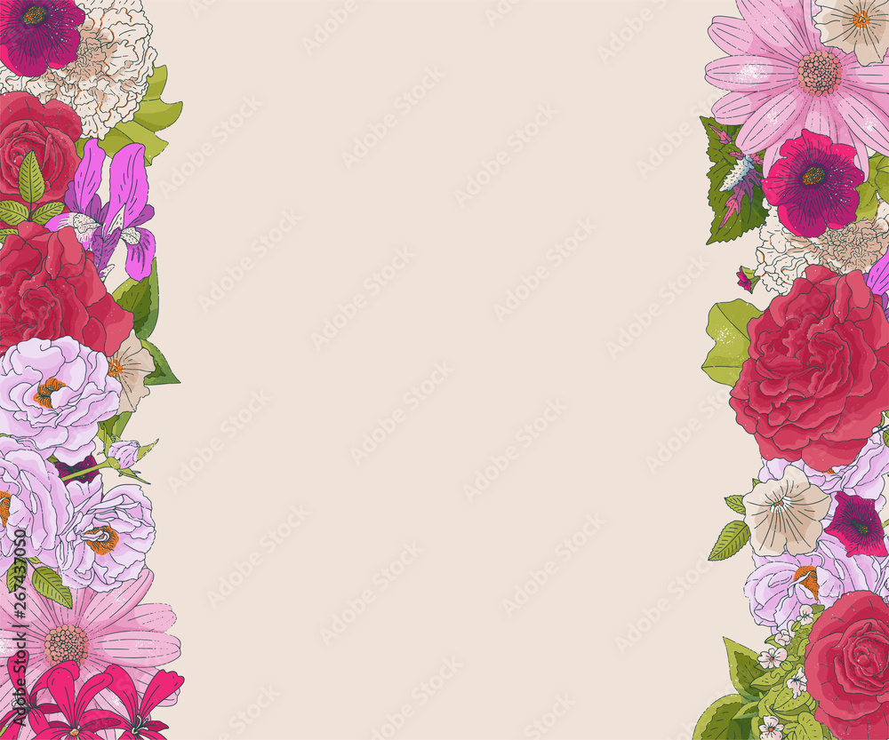 Border with different flowers in doodle style. Hand drawn elements for wedding floral design, greeting card, vector illustration.