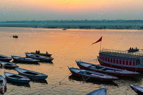 Sunrise at Ganga River with people ride a boats  Varanasi  India