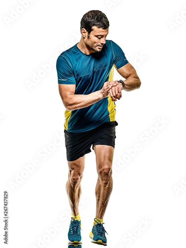 Fototapeta Naklejka Na Ścianę i Meble -  one caucasian handsome mature man running runner jogging jogger isolated on white background