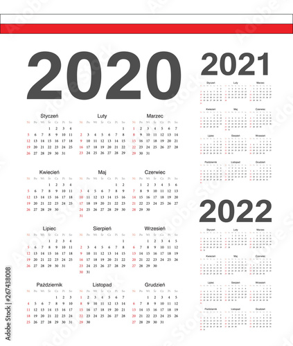 Set of Polish 2020, 2021, 2022 year vector calendars.