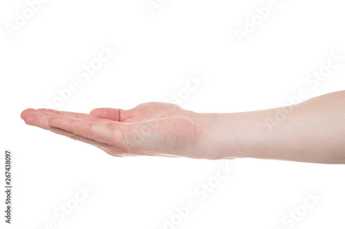 Close-up of man's hand, palm up. Isolated on white background..