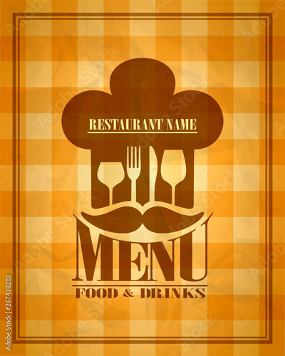 Food and drinks retro menu card with cook cap.Vector illustration