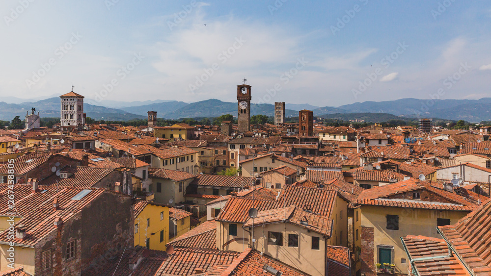 Fototapeta premium Towers over houses of historic centre of Lucca, Italy