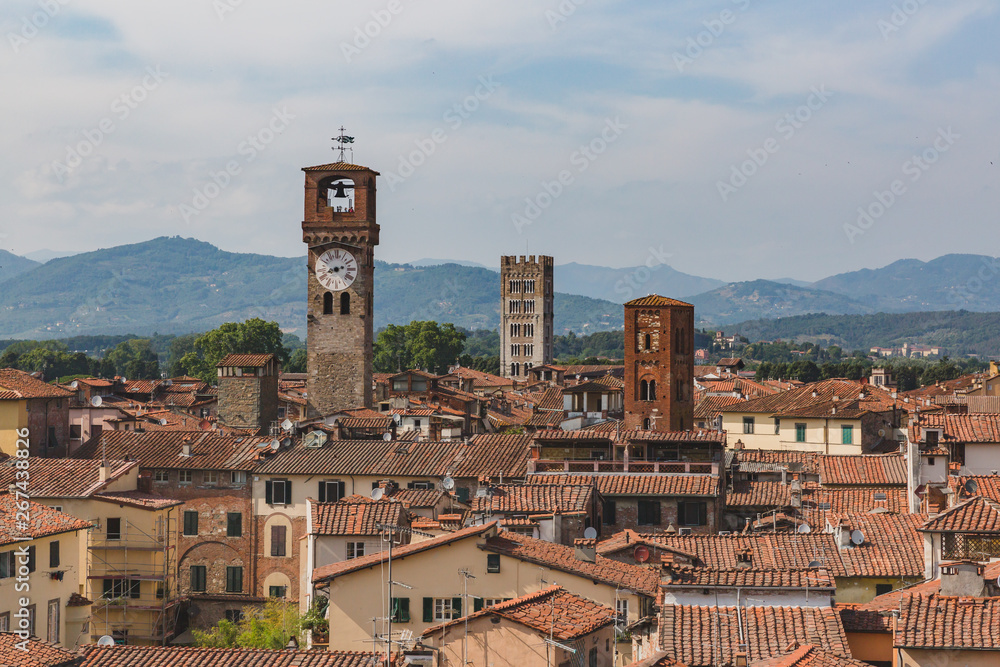 Towers over houses of historic centre of Lucca, Italy
