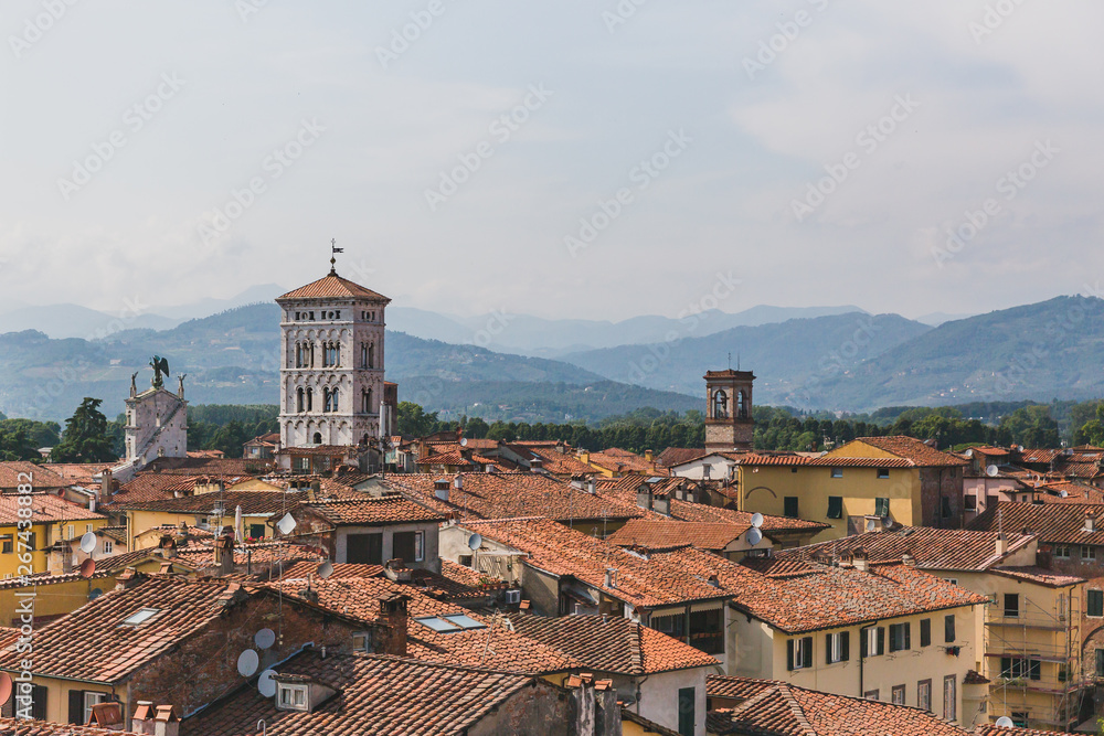 Tower of San Michele in Foro church over houses of Lucca, Tuscany, Italy