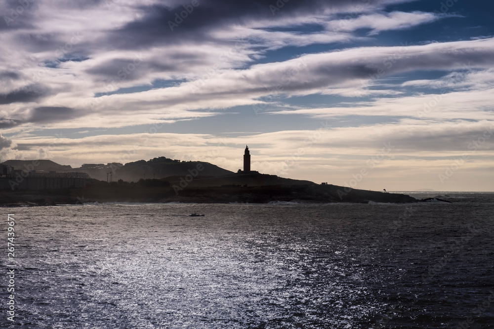 Fototapeta premium Hercules tower view from sea, La Coruna, Galicia, Spain, UNESCO