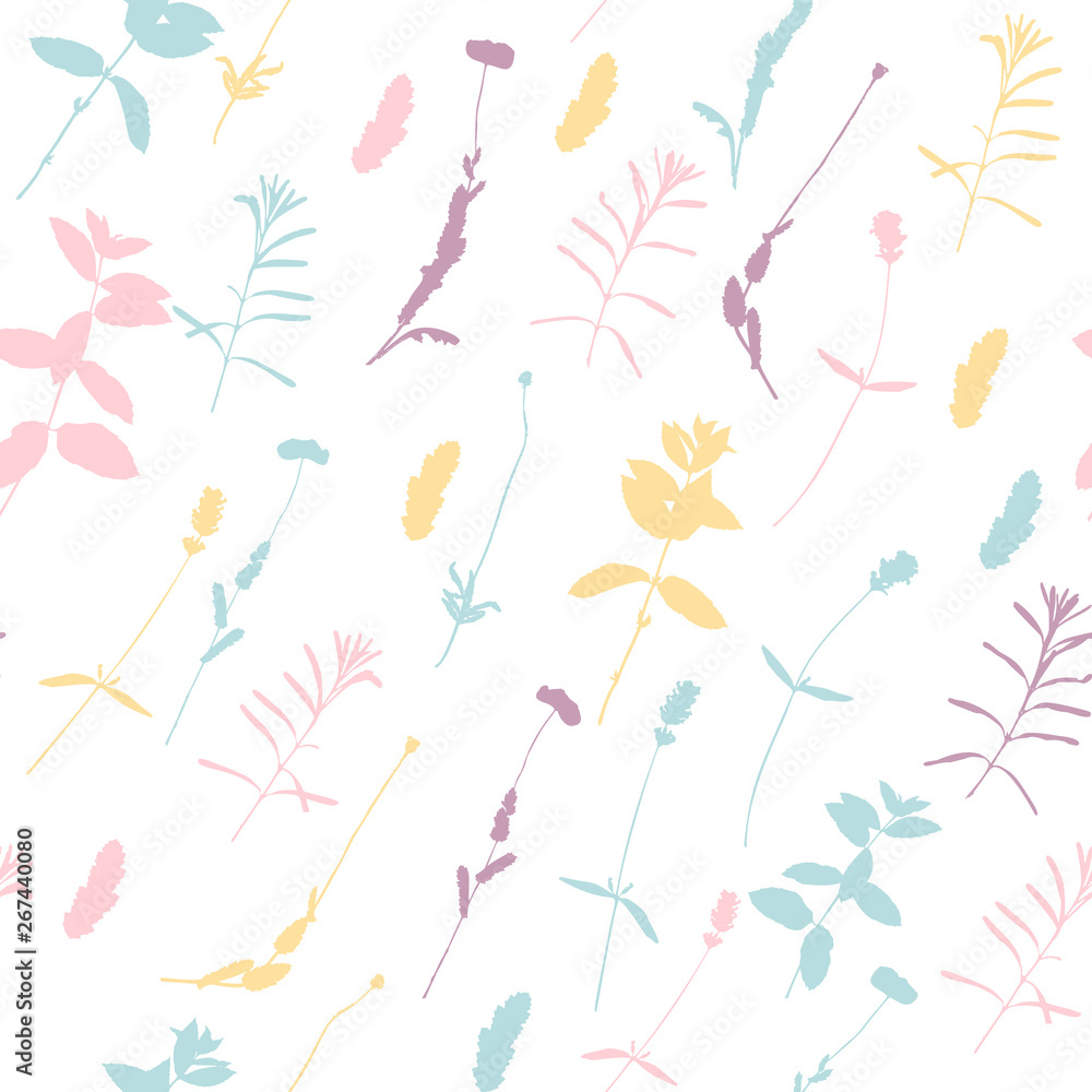 Floral background. Vector seamless pattern with hand - drawn poppies, lavender flowers  and leaves.