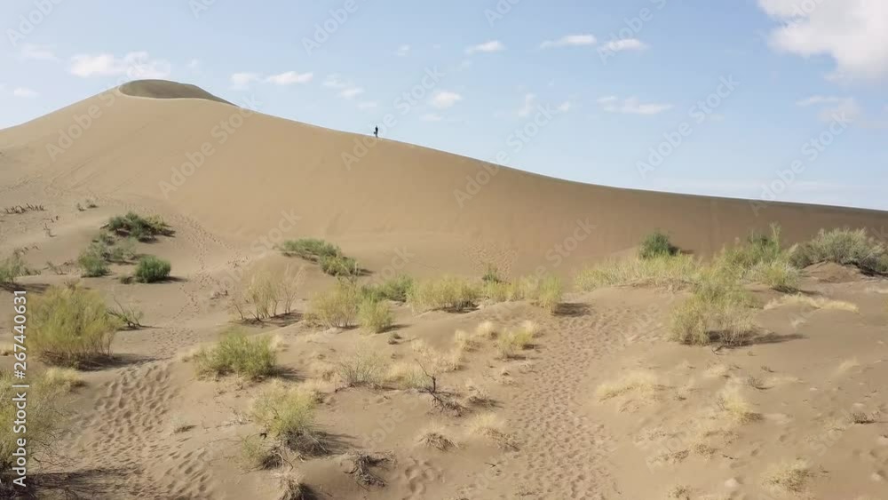 Aerial Shot of Lonely Man Standing on Desert Sand Dune on Warm Summer Day Aerial Shot of Lonely Man Standing on Desert Sand Dune on Warm Summer Day