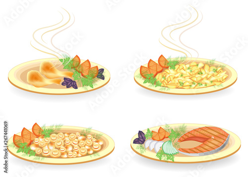 Collection. On a plate, a shin of chicken meat, a steak of salmon. Garnish fried potatoes, mushrooms, onions, lemon, tomato, greens dill, basil and parsley. Tasty food. Vector illustration set.