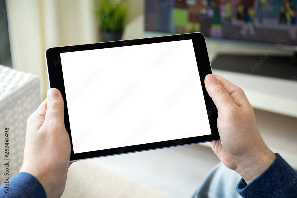 man hands holding computer tablet with isolated screen in room man hands holding computer tablet with isolated screen in room