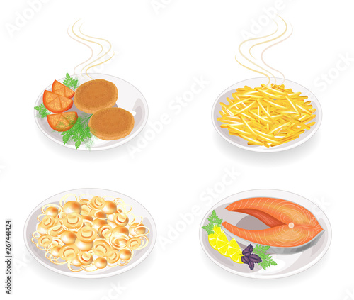 Collection. On a plate of fried sausages, fish. Garnish potatoes, mushrooms, tomato, onion, lemon, greens, parsley of dill and basil. Tasty and nutritious food. Set of vector illustrations