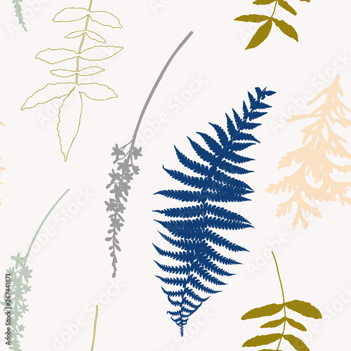 Botanical floral vector seamless pattern with hand drawn herbs, plants, flowe...