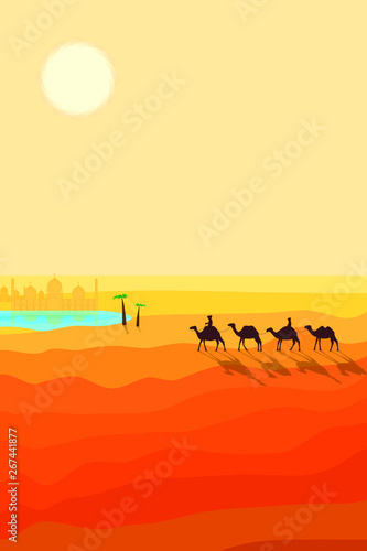 Desert Landscape with Sand Dunes. Caravan of Camels Goes to the Arabic Oasis. Silhouette Design in a Flat Style.