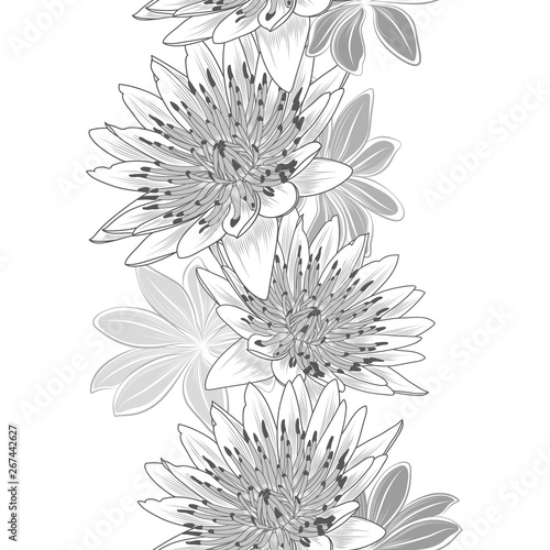 Seamless pattern with lotos flowers and and abstract leaves.