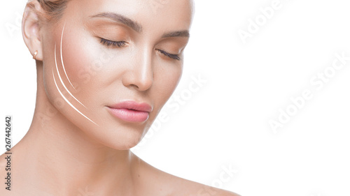 Close up photo of woman with closed eyes and lines on face. Face lifting concept. Cosmetics procedures.