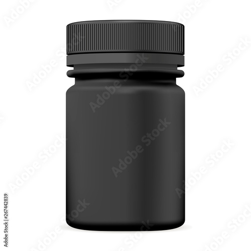Realistic plastic bottle. Black 3d Vector illustration. Mock Up Template set of medicine package for pill, capsule, drug.