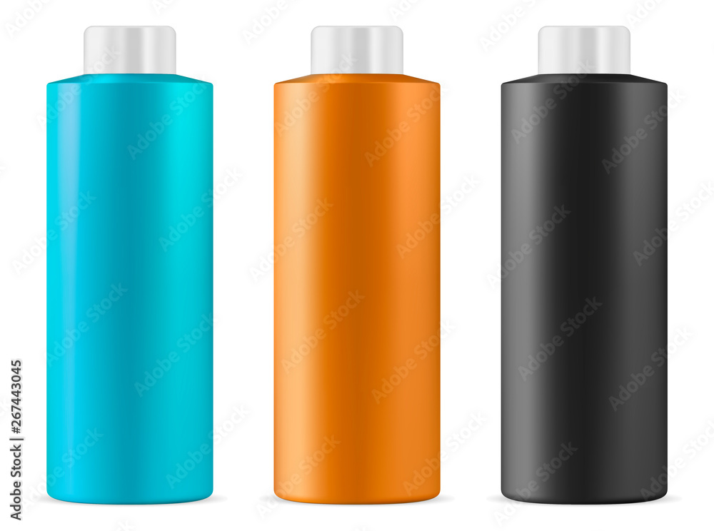 Shampoo bottle set. White background. Cosmetic package collection for cream, soups, foams, shampoo. 3d Collection of Product Container Design. Vector illustration. Shampoo bottle set. White background. Cosmetic package collection for cream, soups, foams, shampoo. 3d Collection of Product Container Design. Vector illustration.