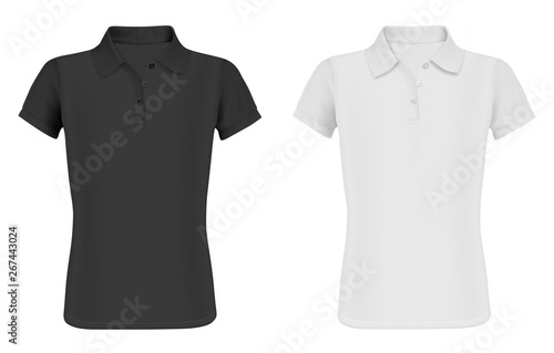 Men slim short sleeve polo shirt for advertising. Black and White polo shirt isolated mockup design template for branding. Sport Apparel. Realistic Cotton Tshirt Clothes. Male Wear Blank Set.