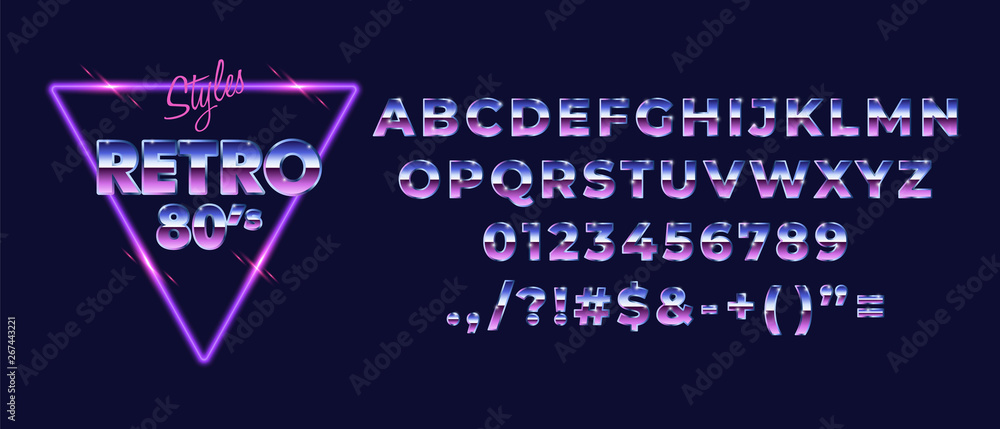 80s retro alphabet font. Metallic gradient effect. Set of type letters and numbers. Vector typeface forprint, poster, t-shirt etc.