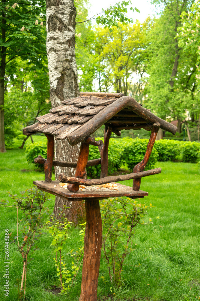 Wooden bird feeder in the park in summer. Bird care Wooden bird feeder in the park in summer. Bird care