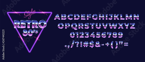 80s retro alphabet font. Metallic gradient effect. Set of type letters and numbers. Vector typeface forprint, poster, t-shirt etc. photo