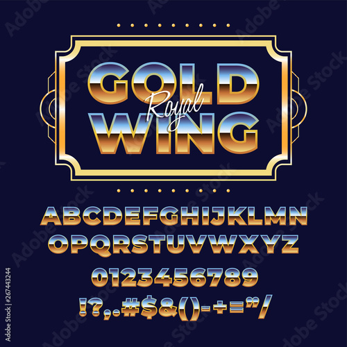80s retro alphabet font. Metallic gradient effect. Set of type letters and numbers. Vector typeface forprint, poster, t-shirt etc.