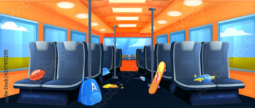 School Bus interior. Seats in transport when traveling at day. Road to vacation. Vector cartoon illustration